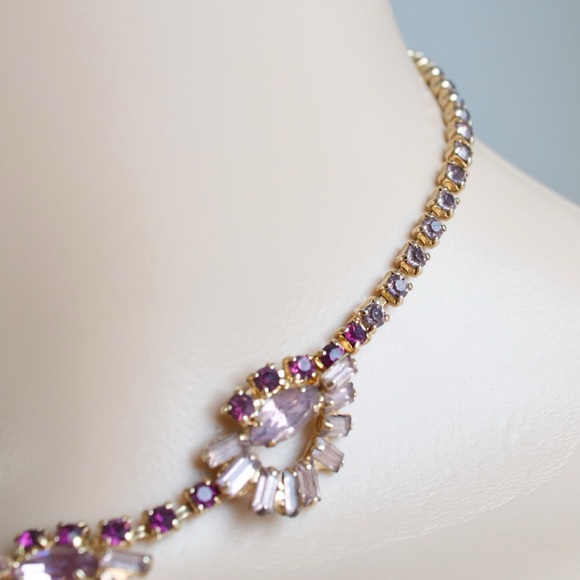 Vintage Purple Rhinestone Statement Necklace Mid-Century Glam Choker / Collar - Picture 3 of 7